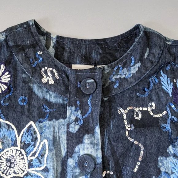 Chico's Collarless Beaded & Embroidered Denim Jacket, Blue / White, Large - Picture 4 of 14